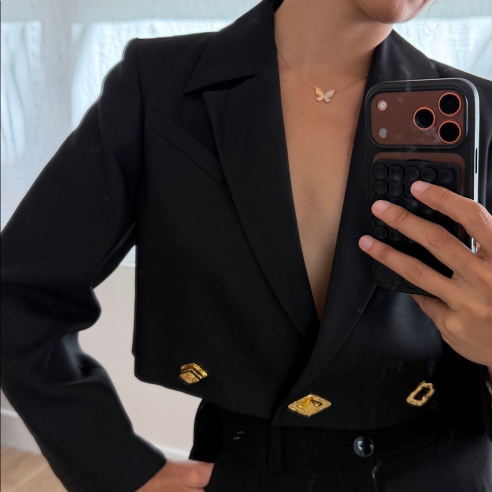 Ganni Womens Blazer Jacket Cropped Suit Golden Button Black 34 NWT